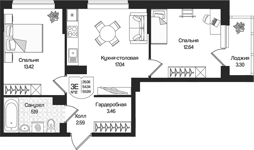 Планировка: Евротрёшка 54,3 м² в ЖК «Охтинские высоты»