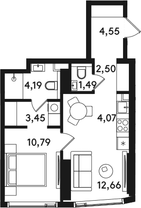 Планировка: Евродвушка 43,7 м² в ЖК «СОЛОС»