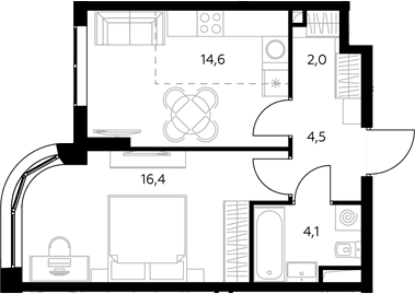 Планировка: 1-комнатная квартира 41,8 м² в ЖК «Адмирал»