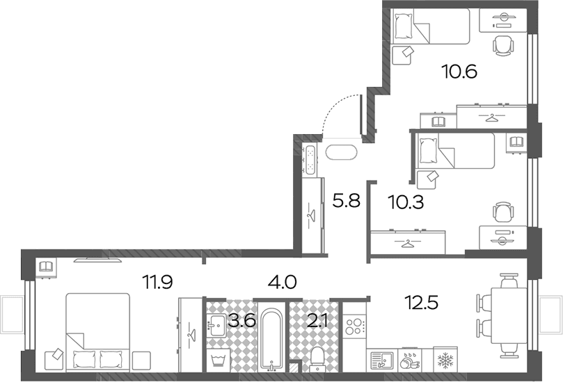 Планировка: 3-комнатная квартира 60,8 м² в ЖК «Лучи»