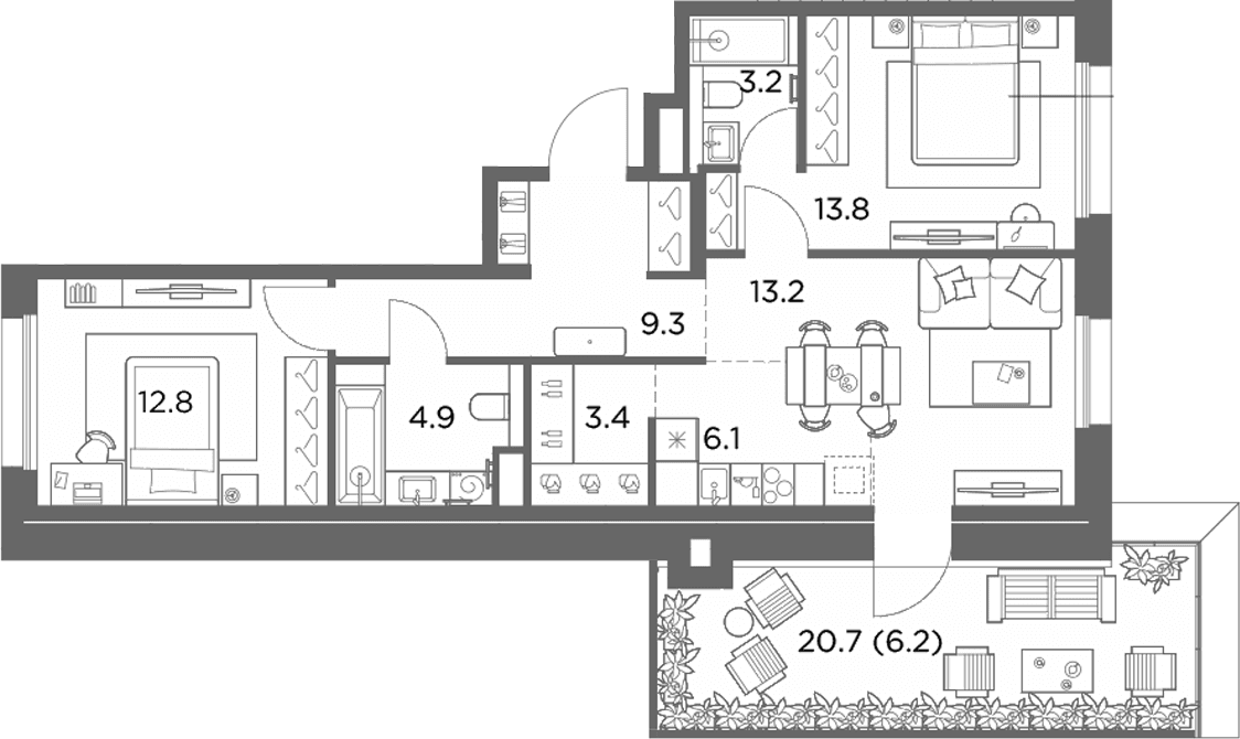 Планировка: Евротрёшка 66,7 м² в ЖК «Станиславский»