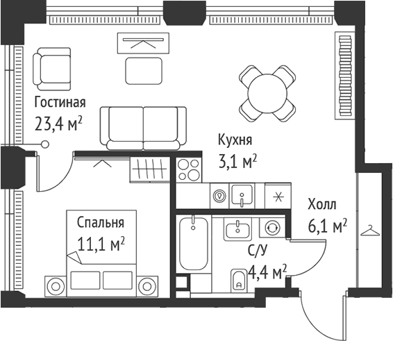 Планировка: Евродвушка 48,1 м² в ЖК «СЕТ»