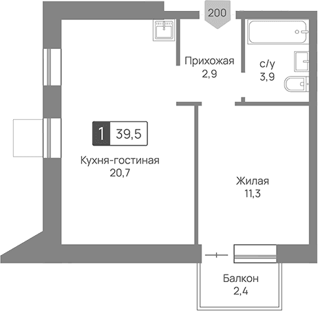 Планировка: Евродвушка 38,8 м² в ЖК «Отрада 3»