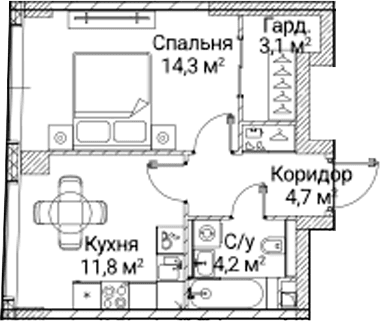 Планировка: 1-комнатная квартира 38,1 м² в ЖК «СЕЗАР БУДУЩЕЕ»
