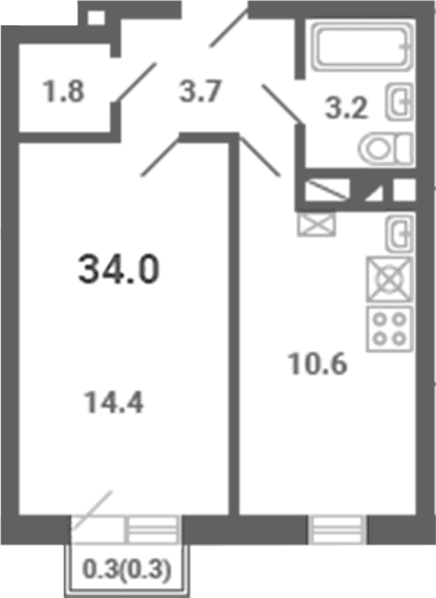 Планировка: 1-комнатная квартира 33,7 м² в ЖК «Южная Долина»