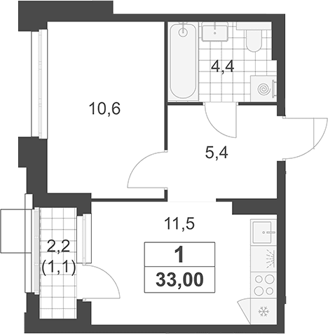 Планировка: 1-комнатная квартира 31,9 м² в ЖК «Южные сады»
