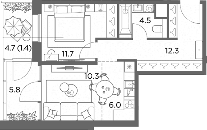 Планировка: Евродвушка 50,6 м² в ЖК «Станиславский»