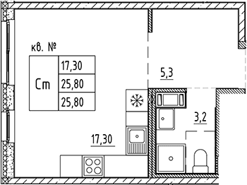 Планировка: Студия 25,8 м² в ЖК «Плюс Пулковский»