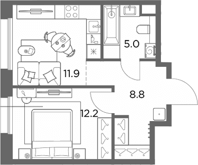 Планировка: 1-комнатная квартира 37,9 м² в ЖК «Станиславский»