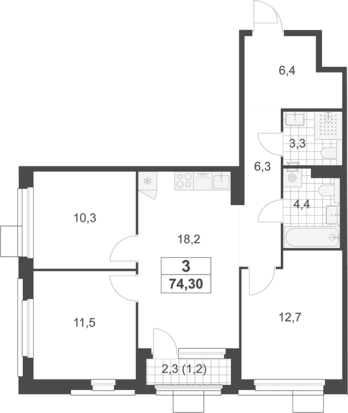Планировка: Квартира евро-4 73,1 м² в ЖК «Южные сады»