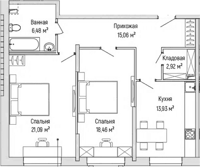 Планировка: 2-комнатная квартира 77,9 м² в ЖК «Рига Хиллс»