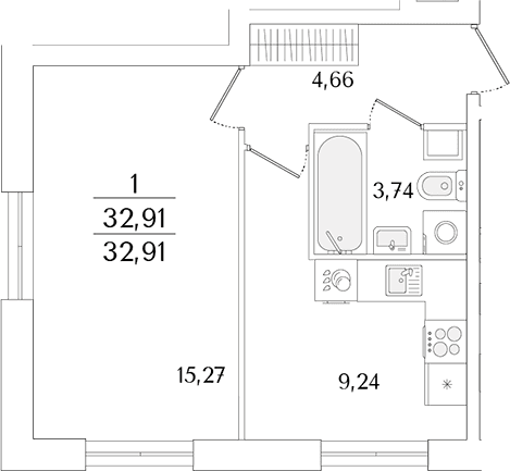 Планировка: 1-комнатная квартира 32,9 м² в ЖК «Кинопарк»