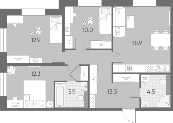 Планировка: Квартира евро-4 75,8 м² в ЖК «Большая Охта»