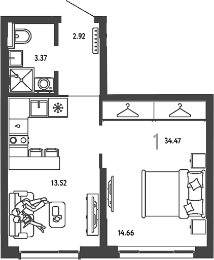 Планировка: 1-комнатная квартира 34,5 м² в ЖК «Страна.Парковая»