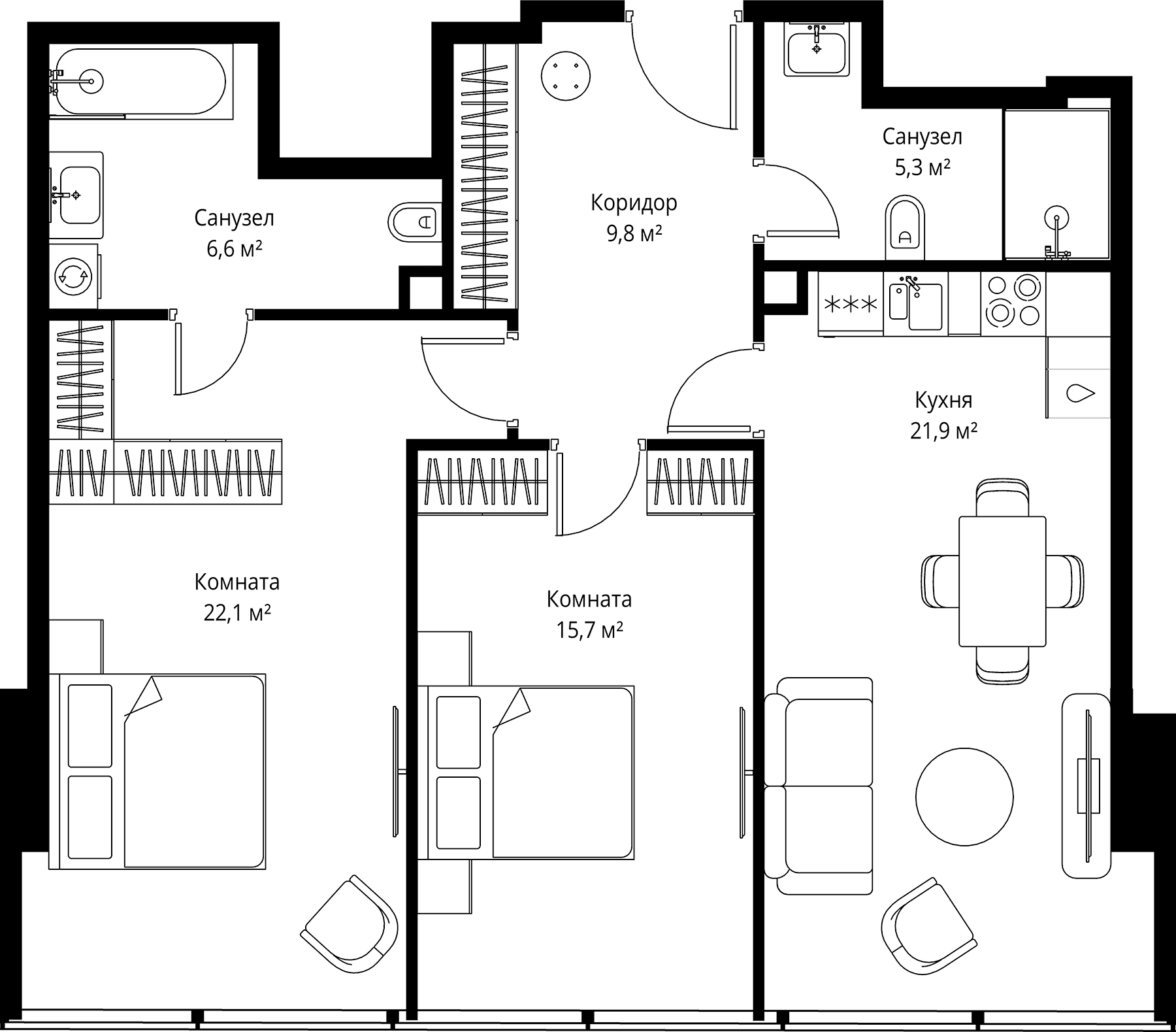 Планировка: Евротрёшка 81,4 м² в ЖК «ОНЕ»