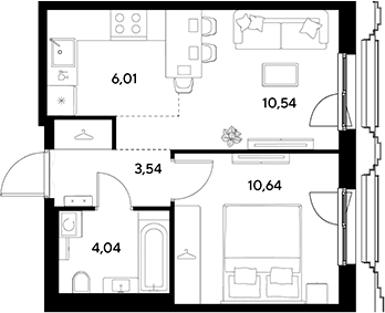 Планировка: Евродвушка 34,8 м² в ЖК «ЭВО»