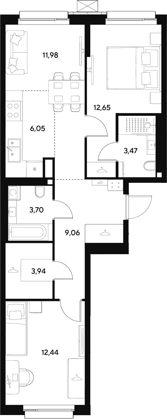 Планировка: Евротрёшка 63,3 м² в ЖК «ЭВО»