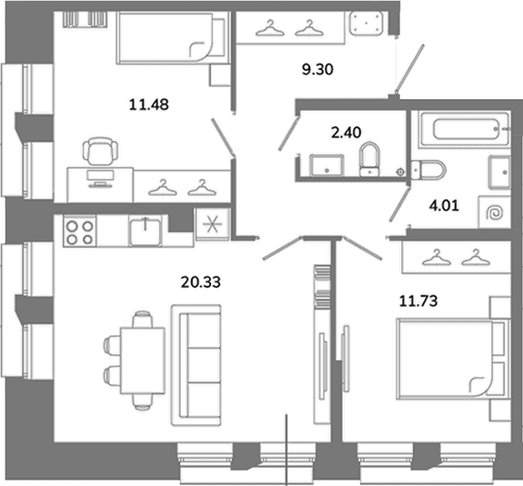 Планировка: Евротрёшка 59,3 м² в ЖК «Твой Космос»