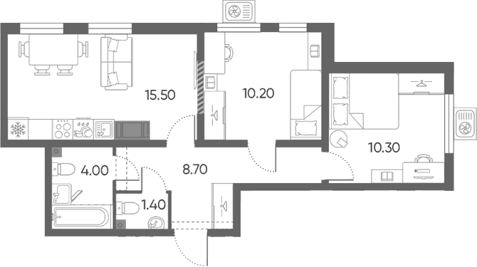 Планировка: Евротрёшка 50,1 м² в ЖК «Ручьи 2»