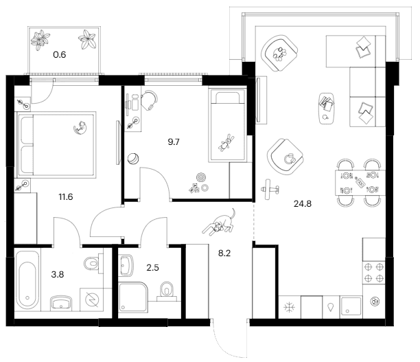 Планировка: 2-комнатная квартира 60,6 м² в ЖК «Москворечье»