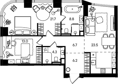 Планировка: Евротрёшка 84,1 м² в ЖК «СТОУН Блик»