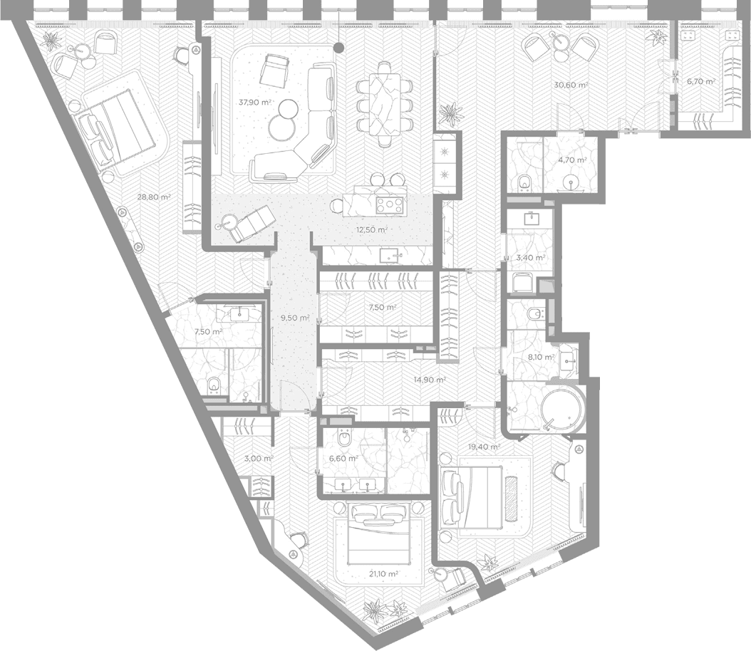 Планировка: 3-комнатная квартира 222,2 м² в ЖК «Николь»