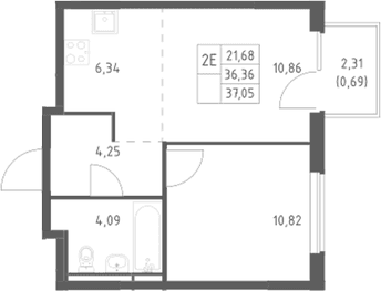 Планировка: Евродвушка 36,4 м² в ЖК «Мытищи Парк»