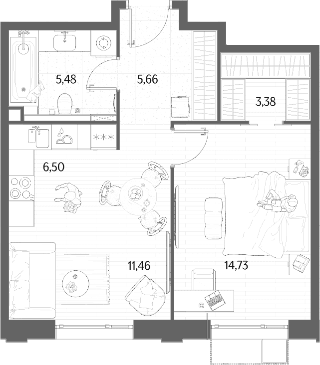 Планировка: Евродвушка 47,2 м² в ЖК «МЫС»
