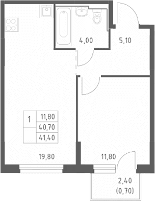 Планировка: Евродвушка 40,7 м² в ЖК «Химки Парк»