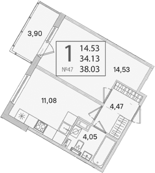 Планировка: 1-комнатная квартира 34,1 м² в ЖК «Любоград в Стрельне»
