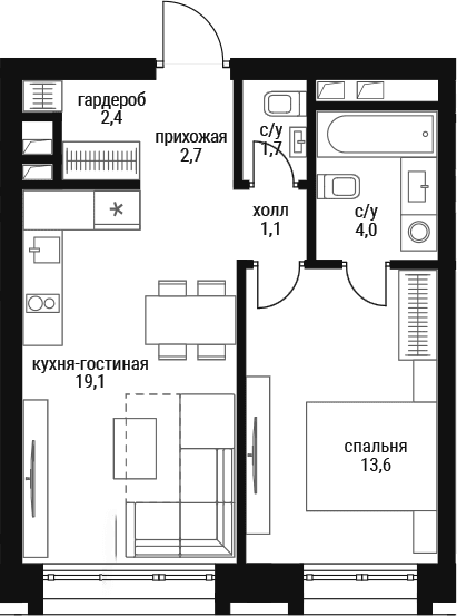 Планировка: Евродвушка 44,6 м² в ЖК «Шелепиха»