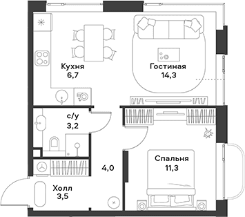 Планировка: Евродвушка 43 м² в ЖК «АЛИА»