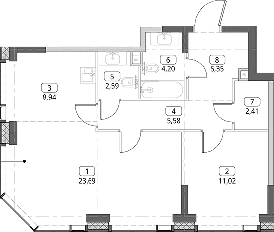 Планировка: Евродвушка 63,8 м² в ЖК «СИТИДЗЕН»