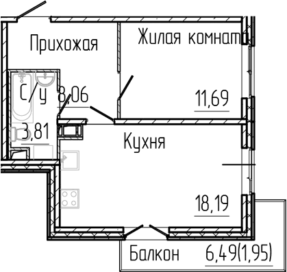 Планировка: Евродвушка 41,8 м² в ЖК «Сертолово Парк»