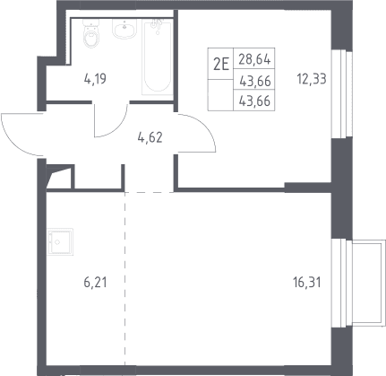 Планировка: Евродвушка 43,7 м² в ЖК «Томилино Парк»