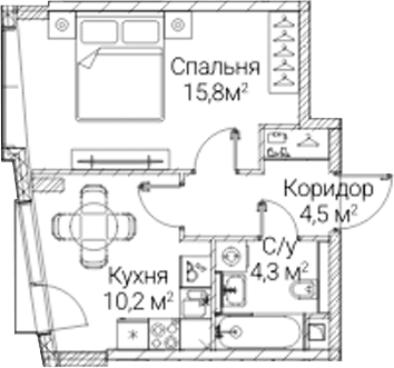 Планировка: 1-комнатная квартира 34,8 м² в ЖК «СЕЗАР БУДУЩЕЕ»