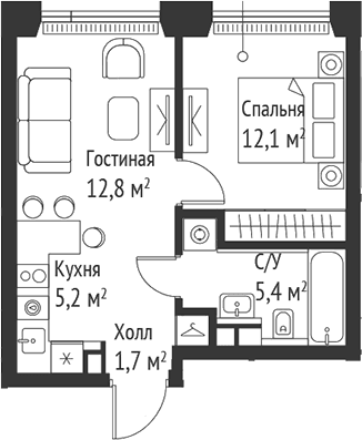 Планировка: Евродвушка 37,3 м² в ЖК «СЕТ»