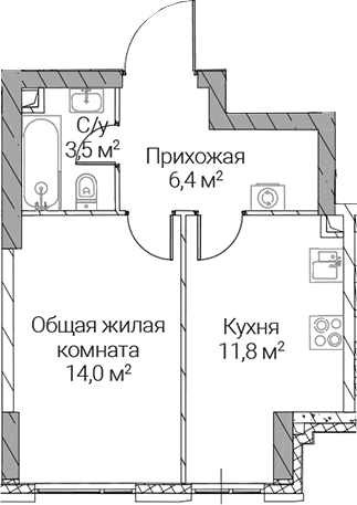 Планировка: 1-комнатная квартира 35,7 м² в ЖК «СЕЗАР СИЛИКА»