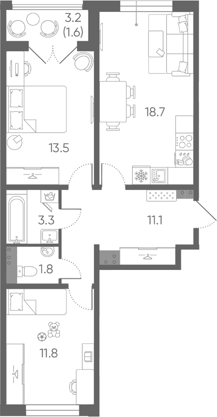 Планировка: Евротрёшка 60,2 м² в ЖК «Пулково Лейк»
