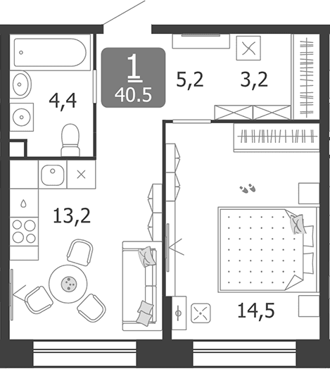 Планировка: 1-комнатная квартира 40,5 м² в ЖК «Шагал»