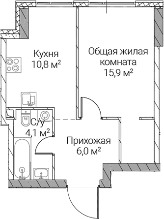 Планировка: 1-комнатная квартира 36,8 м² в ЖК «СЕЗАР СИЛИКА»