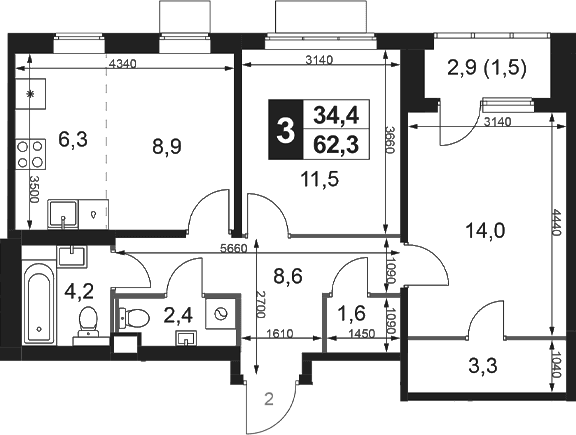 Планировка: Евротрёшка 60,8 м² в ЖК «1-й Ясеневский»