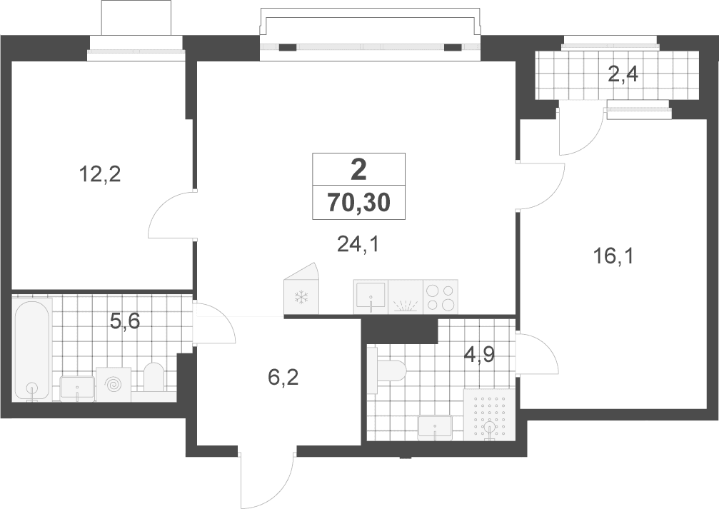Планировка: Евротрёшка 69,1 м² в ЖК «Деснаречье»