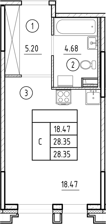 Планировка: Студия 28,4 м² в ЖК «Ассамблея»