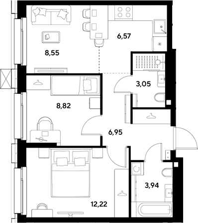 Планировка: Евротрёшка 50,1 м² в ЖК «ЭВО»