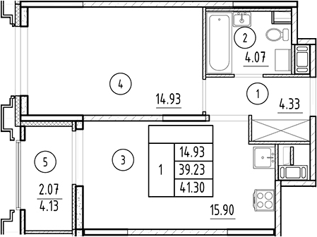 Планировка: Евродвушка 39,2 м² в ЖК «Ассамблея»