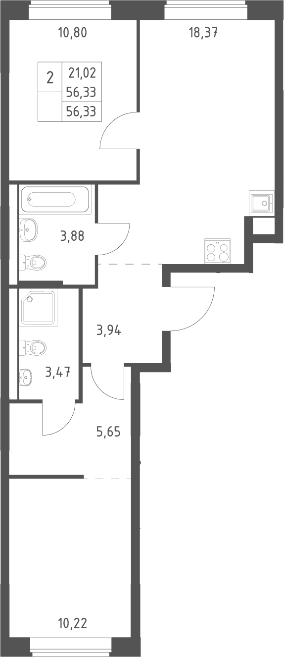 Планировка: Евротрёшка 56,3 м² в ЖК «Большое Юрлово»