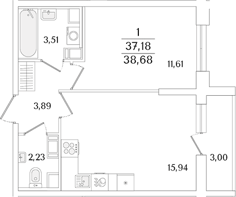 Планировка: Евродвушка 37,2 м² в ЖК «Кинопарк»