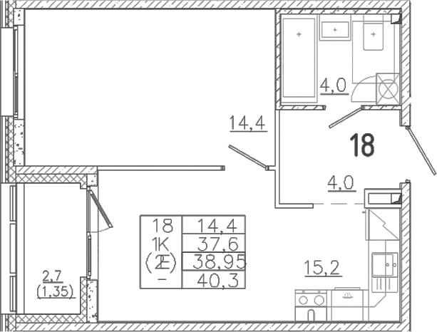 Планировка: Евродвушка 37,6 м² в ЖК «Лисино»