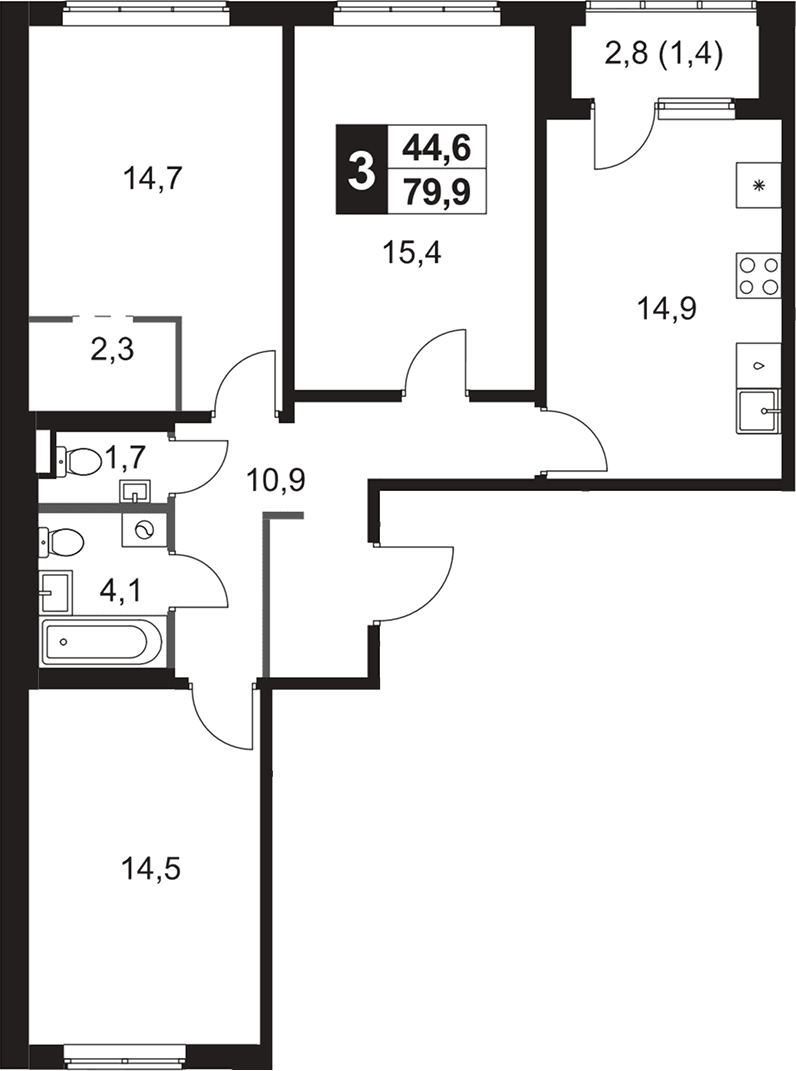 Планировка: 3-комнатная квартира 78,5 м² в ЖК «1-й Ясеневский»